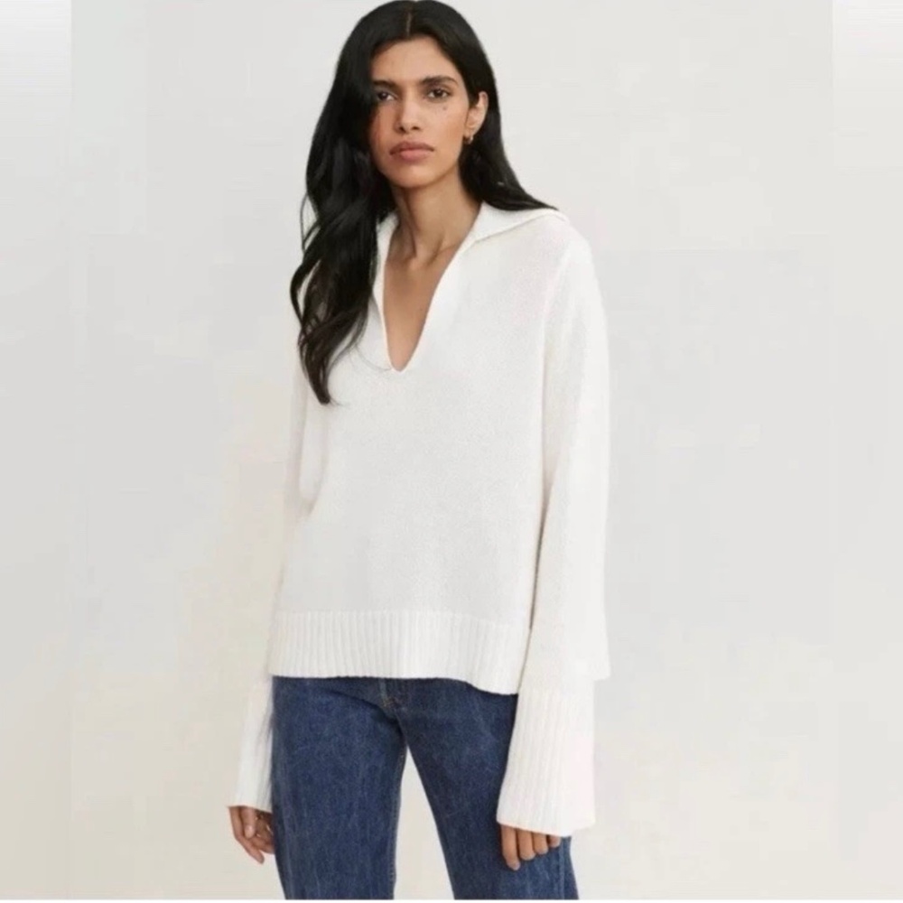 JENNI KAYNE Cashmere Polo Sweater Cream Medium Women’s Pullover
